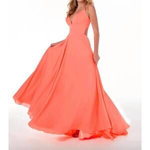 NEW HOUSE OF WU a-line spaghetti strap gown in neon coral